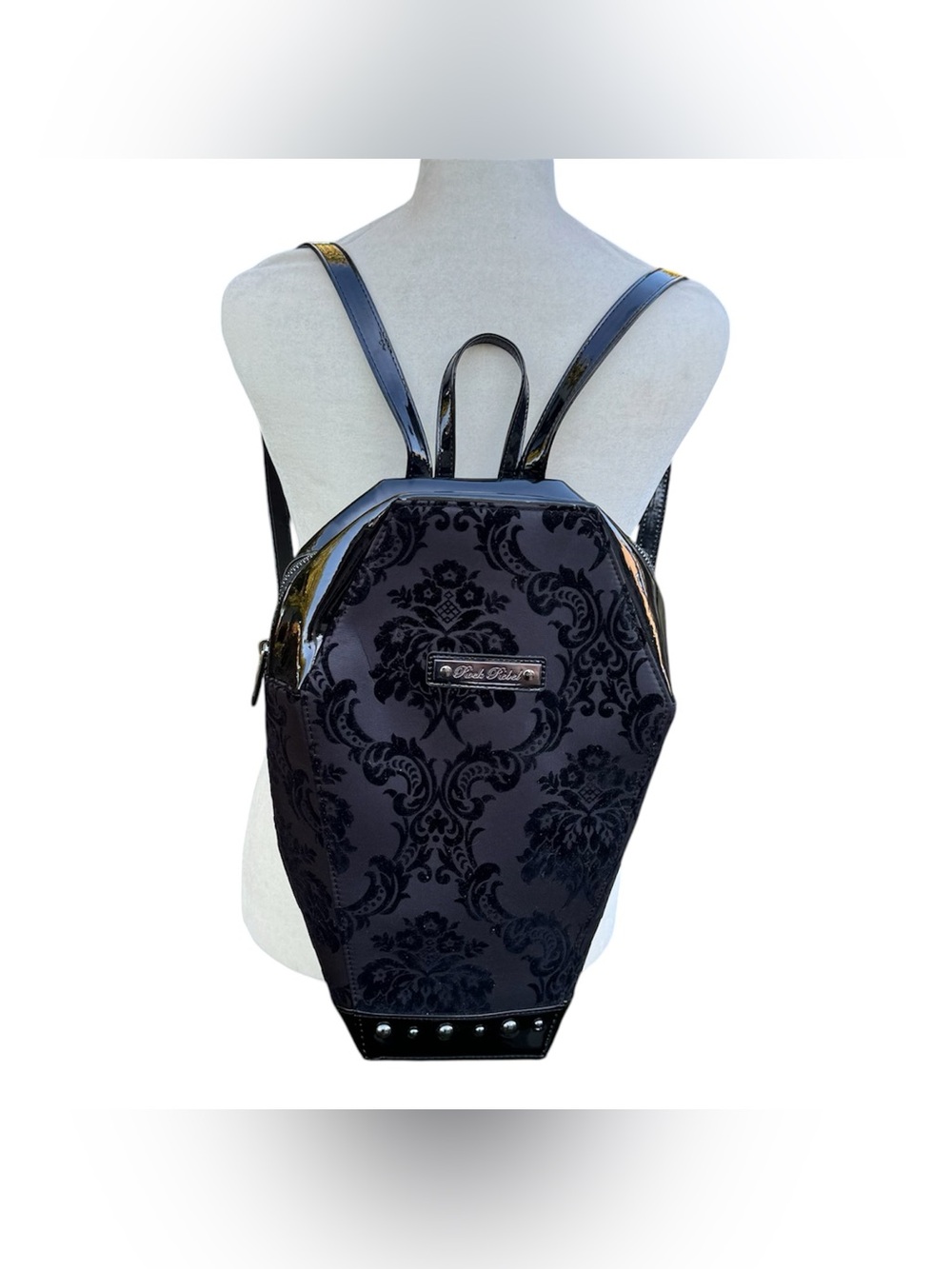 Rock Rebel Damask Gothic Goth Punk Vampire Coffin Velvet Black Backpack Bag